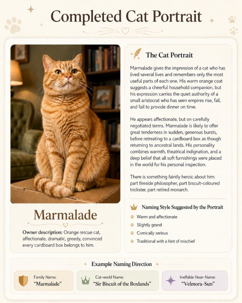 Example completed naming certificate for a cat called Marmalade, showing all three names